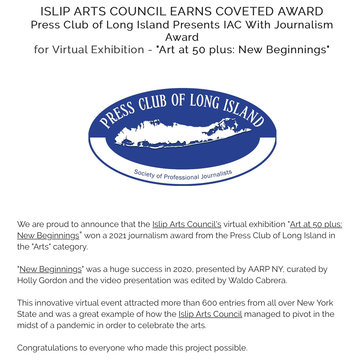 JULY 2021 / IAC Earns LI Press Club Award