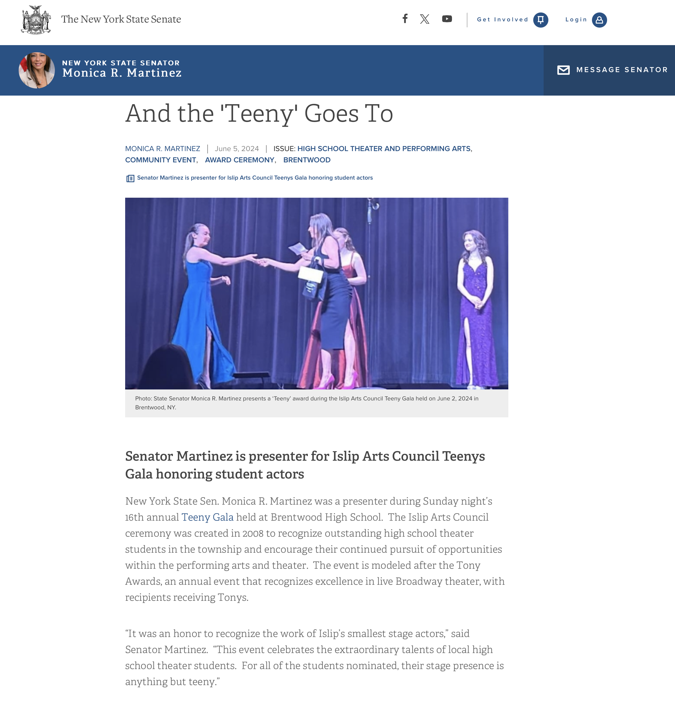 JUNE 2024 / Teeny Awards Article on Senator Martinez's Website